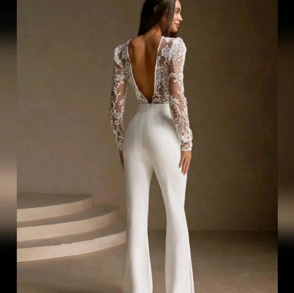 Pants - SALE!!! White Lace Sexy Sheer Long Sleeve Backless Jumpsuit Party Dress